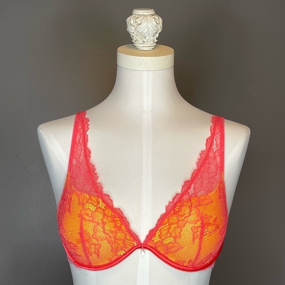 Victoria's Secret Other - Victoria’s Secret Sexy Little Things Coral Yellow Two Tone Lace Push Up Bra 34B